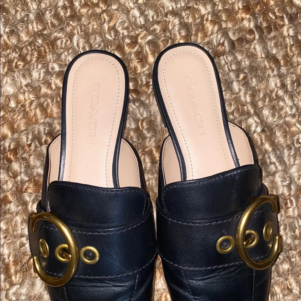 Coach Black Leather Mule Slides with Gold Ring Hardware - Picture 5 of 5
